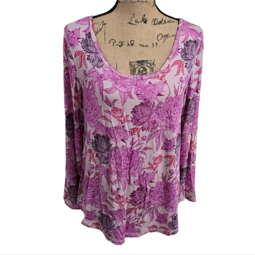 Soft Surroundings Purple Floral Bamboo Viscose Henley Long Sleeve Top Small